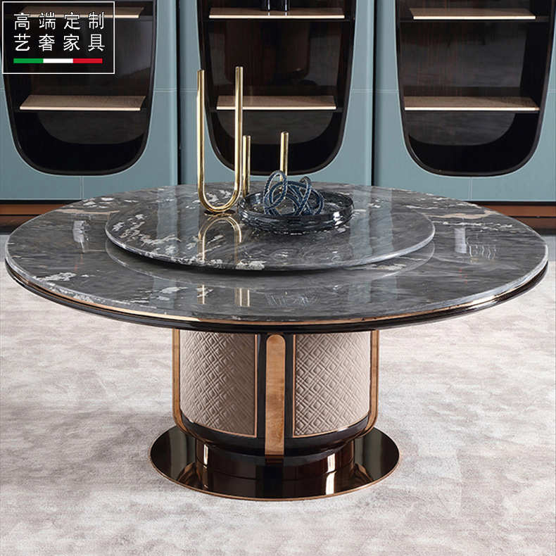 后现代高奢天然大理石圆餐桌带转盘实木饭桌椅组合家具巴夏餐桌