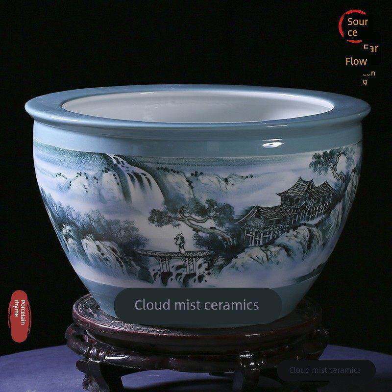 陶瓷鱼缸养鱼盆客厅办公室高档装饰摆件荷花睡莲盆家用大号景德镇