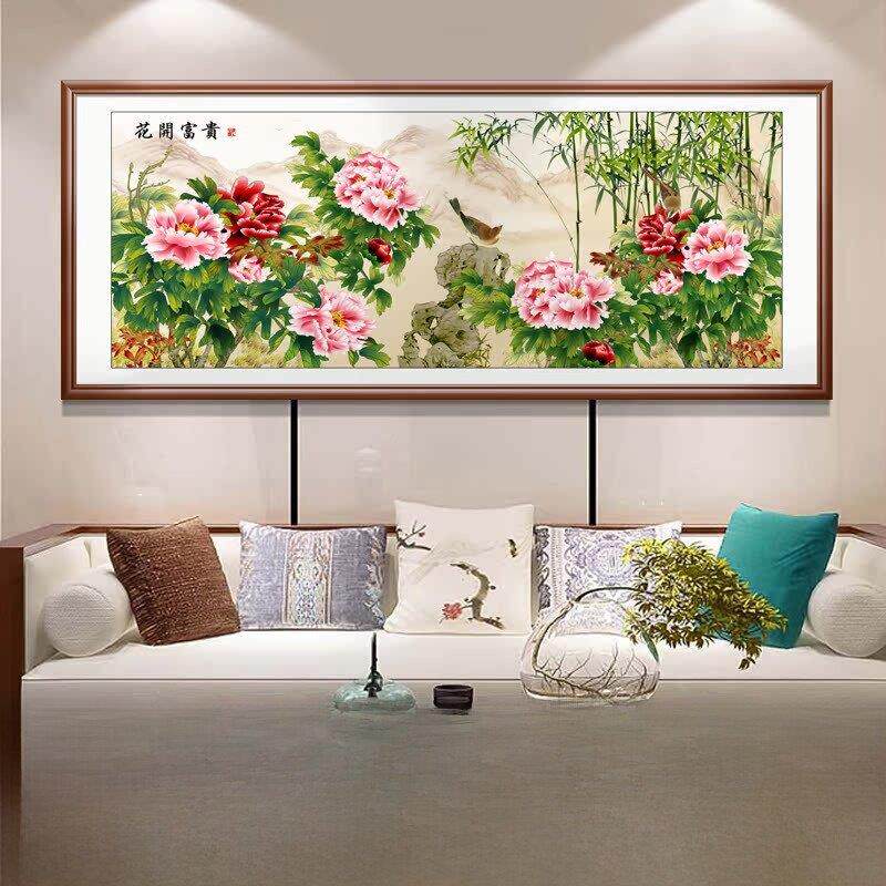 牡丹花客厅沙发背景墙挂画花开富贵中式吃饭厅装饰画花鸟长方形画