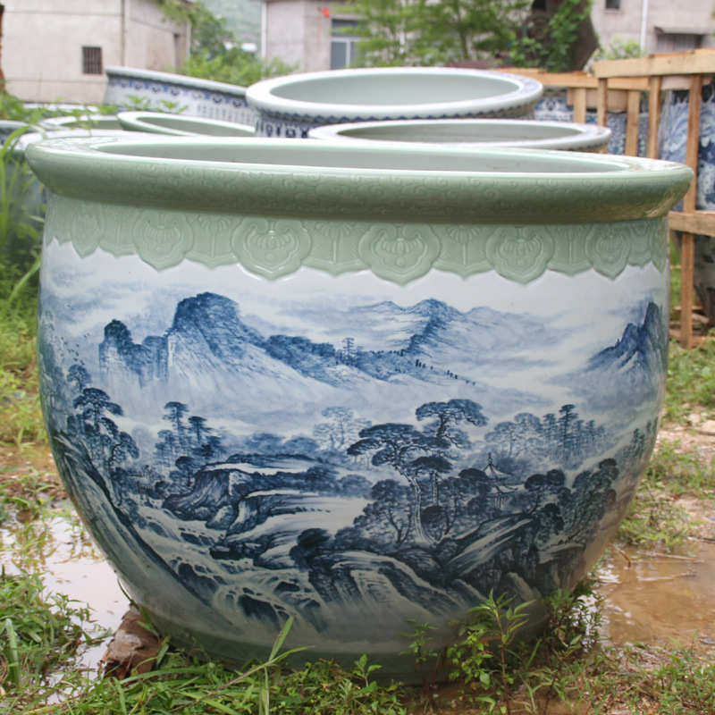 装饰缸大号鱼缸缸特大号洗山水园林青花 陶瓷 手绘浴缸 景德镇