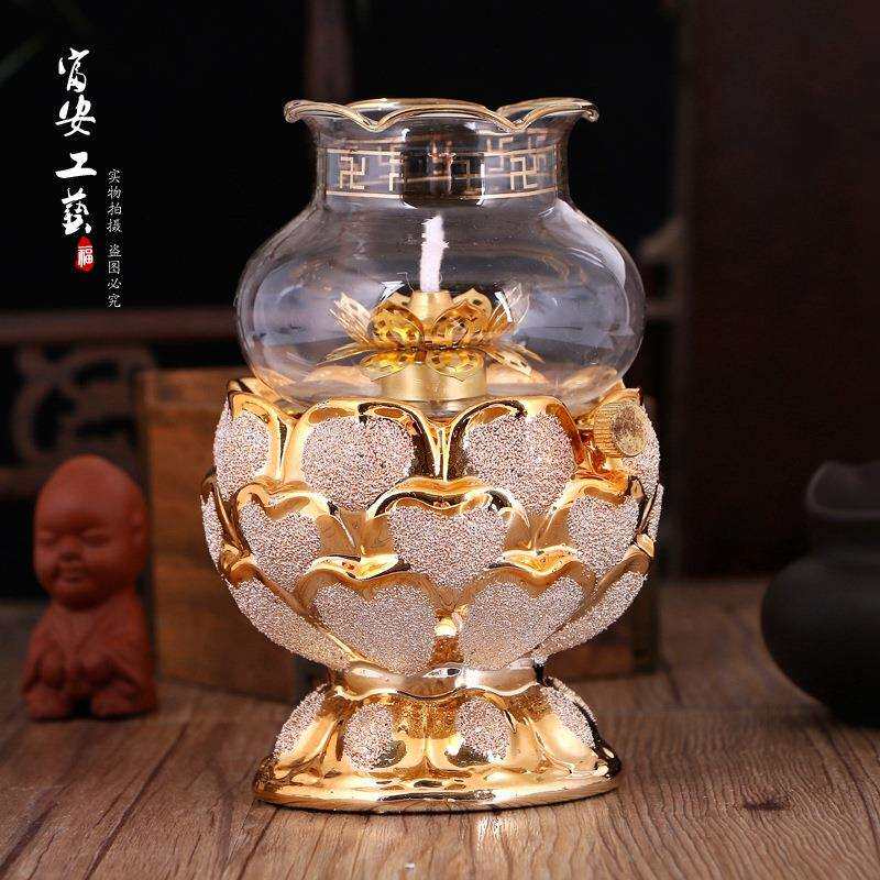 供灯陶瓷镀金沙莲花液体酥油灯陶瓷供灯直销金色玻璃灯罩