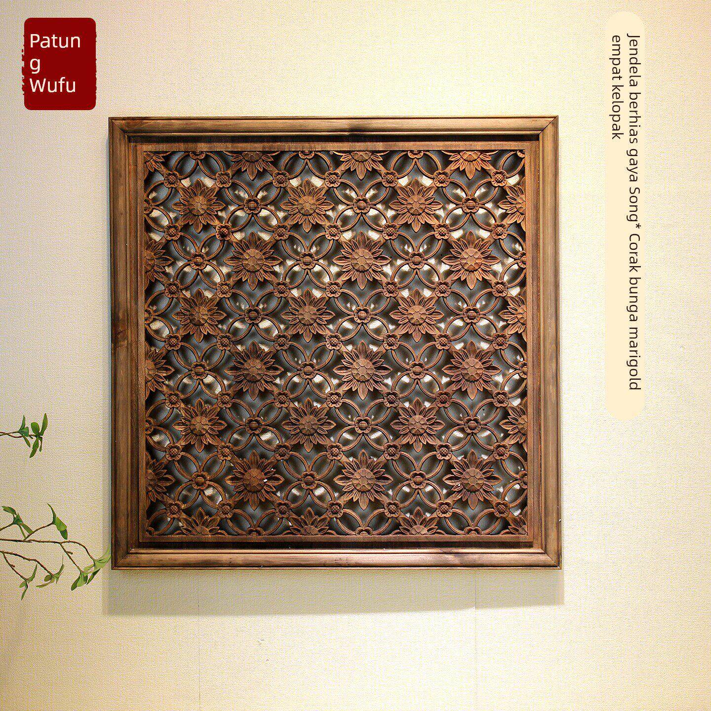 宋式美学花窗彷古做旧香樟中式实木镂空雕花窗户窗棂覆古花格挂件