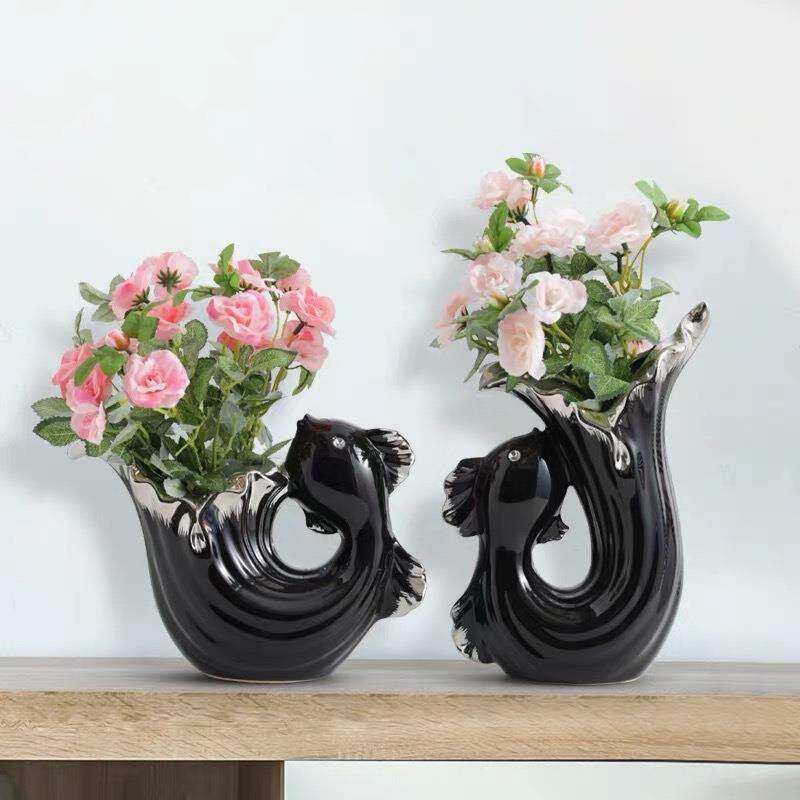 跨境鱼型花瓶干花客厅摆件轻奢家居装饰品鲜花仿真花陶瓷花瓶