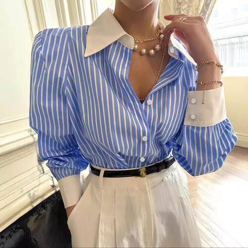 Women's Striped Print Button Front Blouse Shirt with Padded