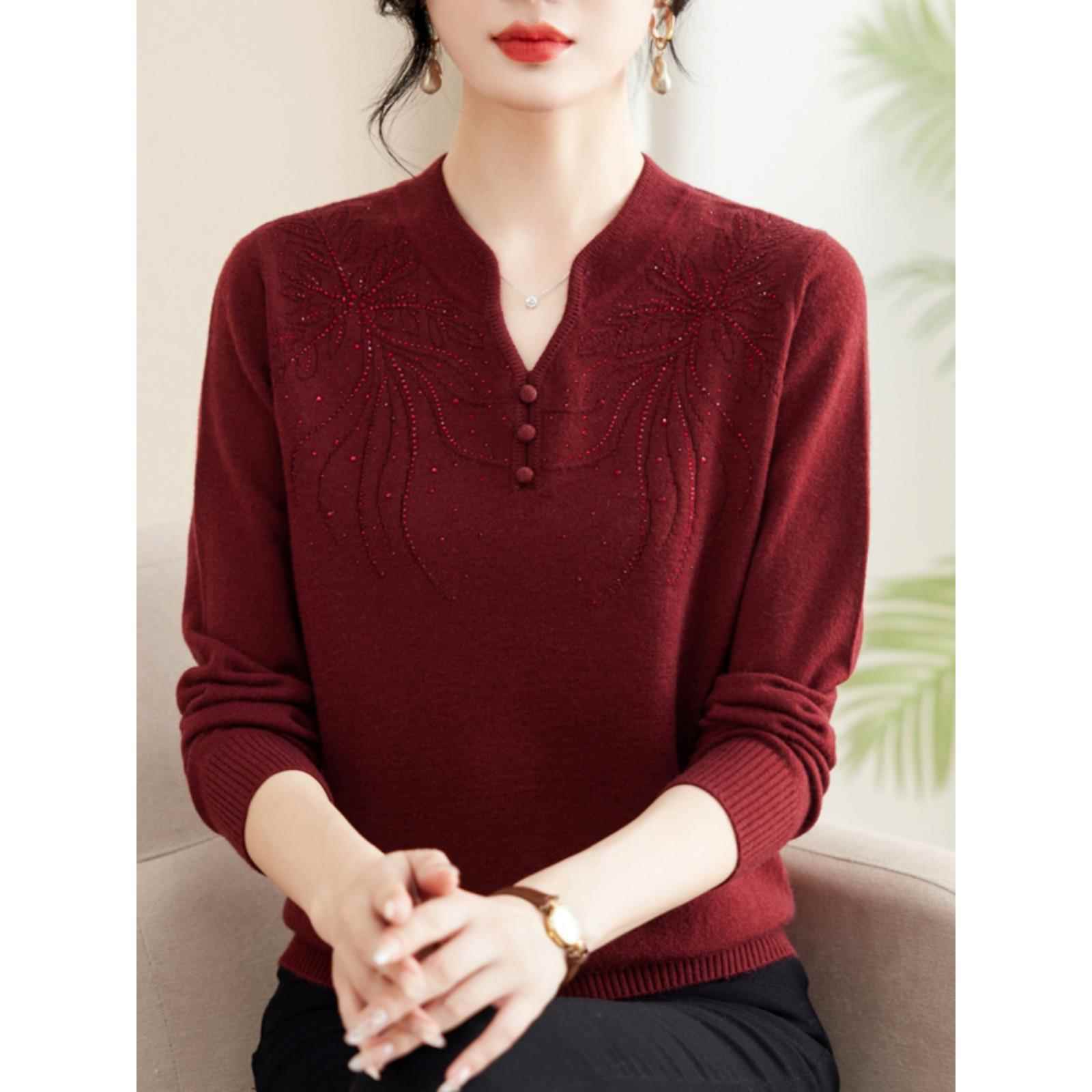 秋冬洋气中老年妈妈羊绒打底衫加肥加大码女装国风高贵针织衫上衣