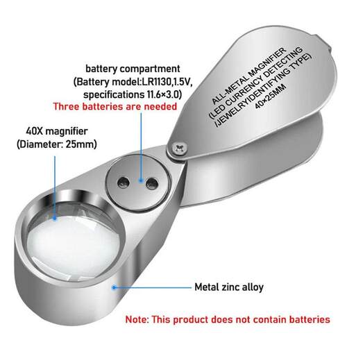 40X Jewelers Loupe Magnifier Metal Magnifying Glasses LED UV