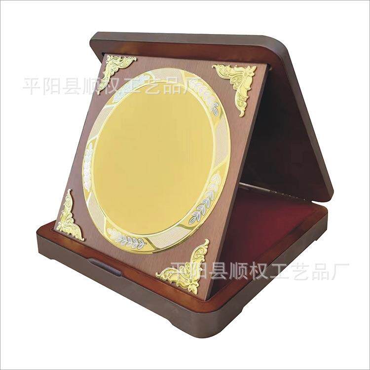 折叠木盒纪念奖牌制作圆形荣誉牌木质木托牌匾金属牌光荣退休