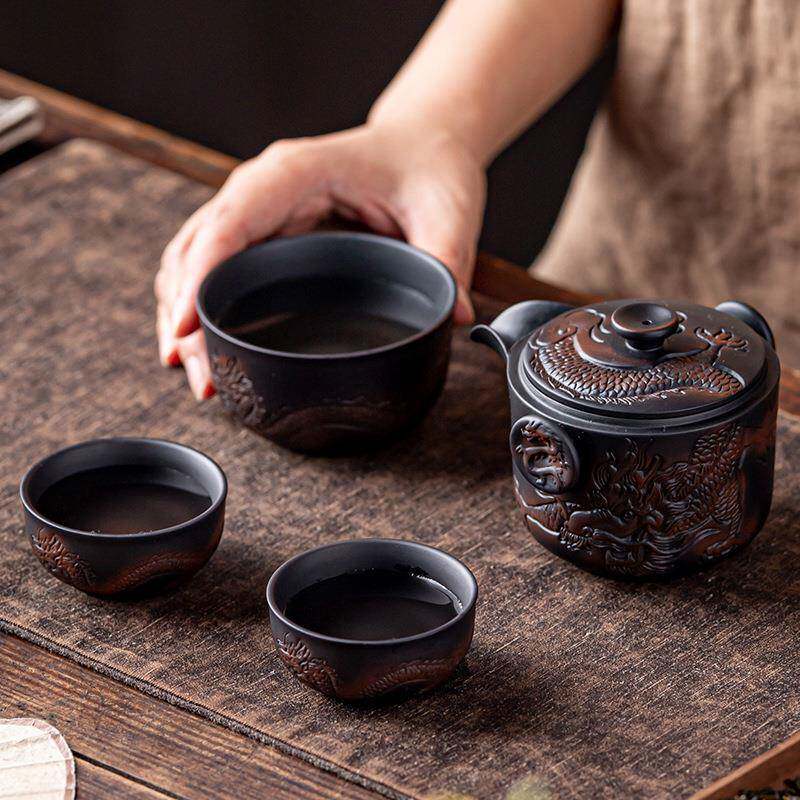 紫陶快客杯手抓壶一壶三杯便携式旅行茶具套装户外车载大号主人杯