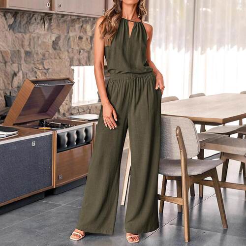 Hollow neck hanging sleeveless top and wide leg pants set