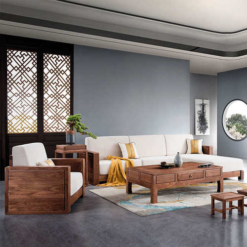 新组合海绵沙发原木北美客厅弹黑胡桃中式布艺沙发贵妃高实木组合