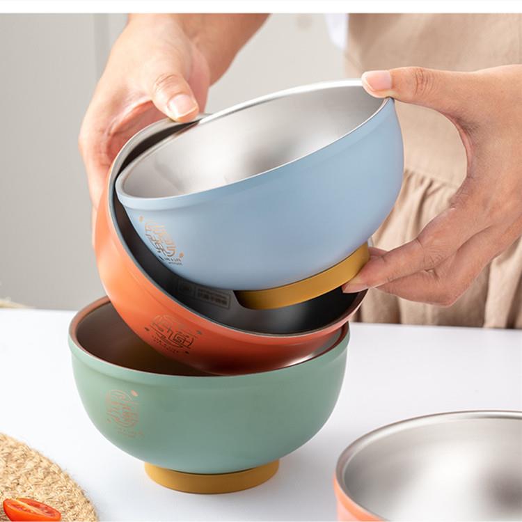 抗菌不锈钢碗 彩色家用饭碗双层防烫成人儿童碗防滑硅胶垫餐具