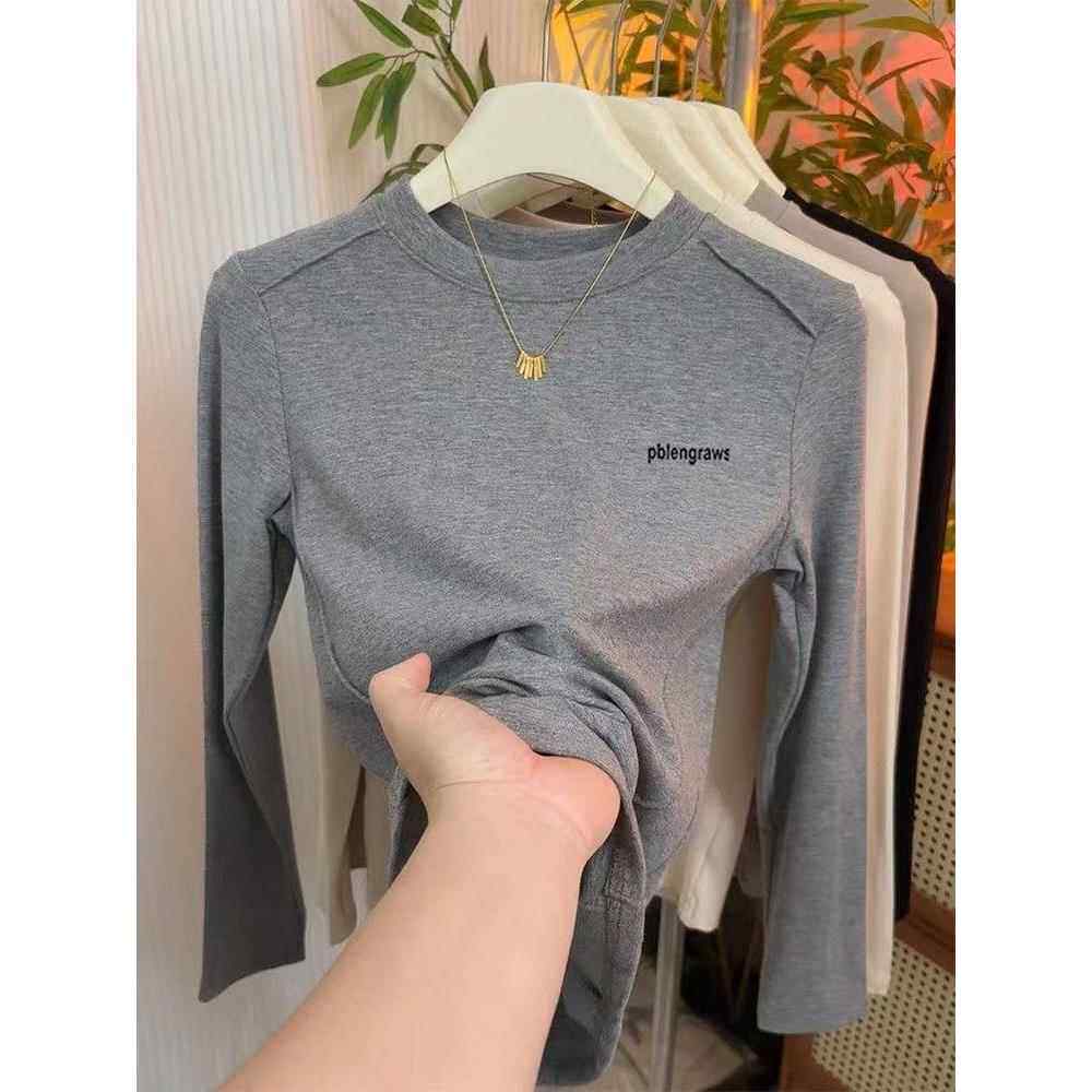 韩国新款纯棉正肩长袖t恤女弧形下摆灰色上衣内搭打底衫春秋季潮