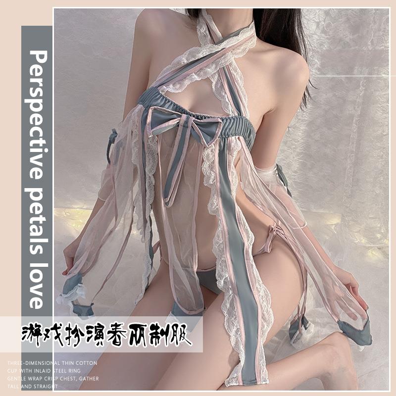 情趣内衣性感网纱透视诱惑开叉挂脖复古古典床上制服套装定制