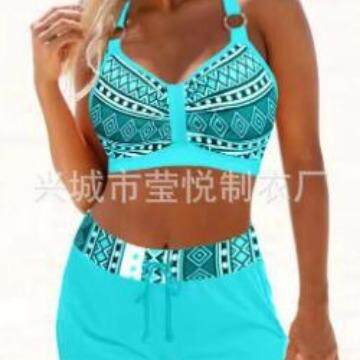 Printed conservative women's split beach swimsuit high