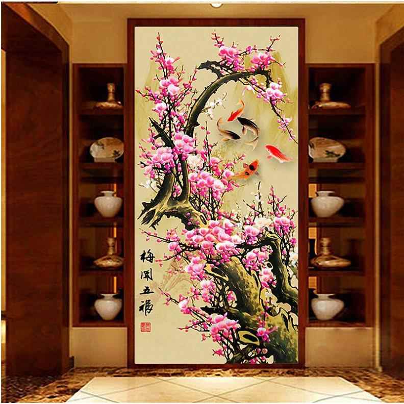 新款直销5D钻石画梅花鲤鱼图客厅玄关梅开五福点钻十字绣新中式装