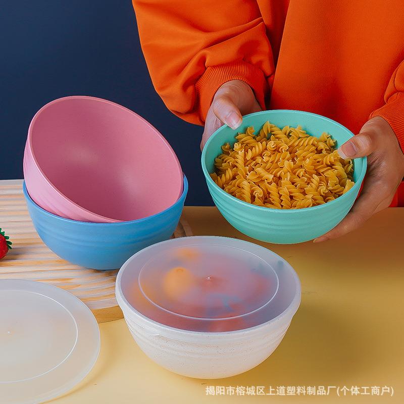 跨境小麦秸秆带盖大圆碗家用耐摔饭菜碗汤碗创意泡面碗塑料碗