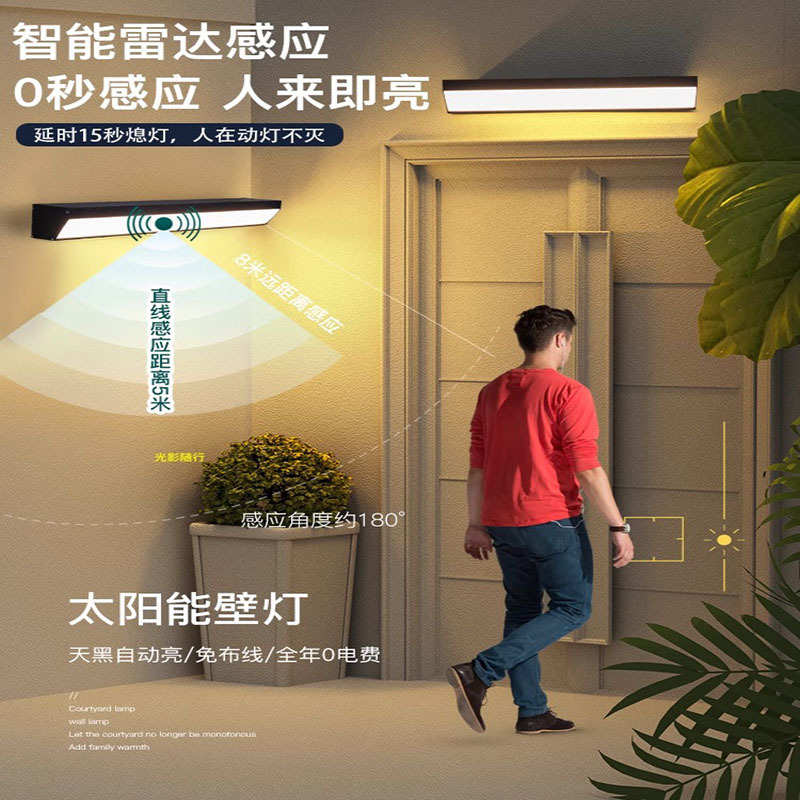 太阳能户外壁灯长条人体感应超亮免打孔防水庭院车库阳光室外照明