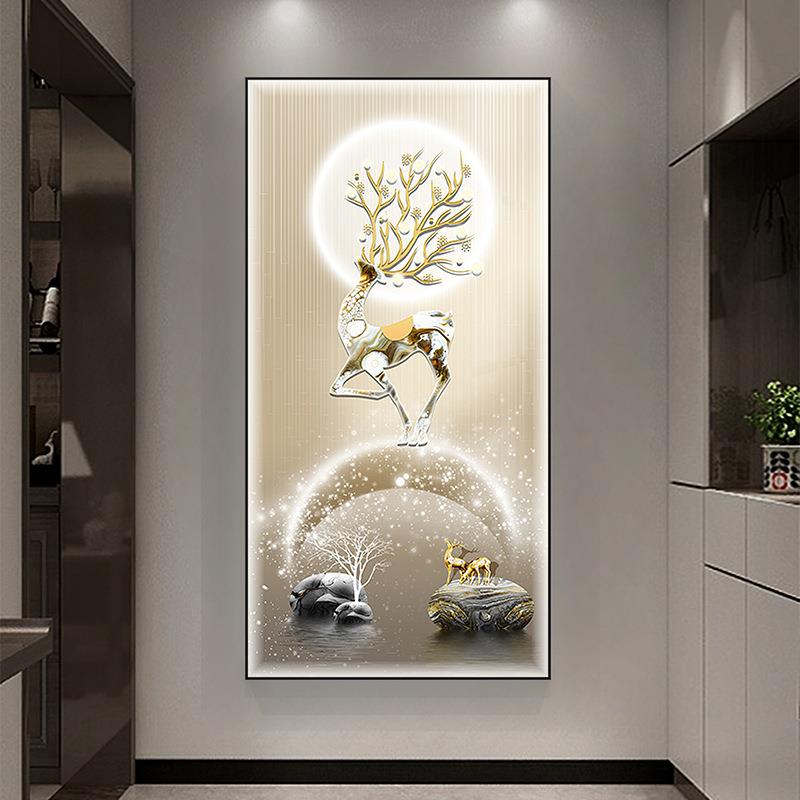 轻奢入户门玄关装饰画竖版走廊LED灯画现代简约大气福鹿过道壁画