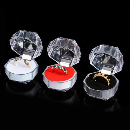 Hinged transparent crystal box for small octagonal rings and