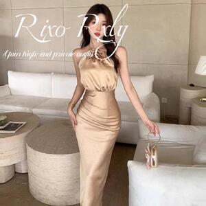 RIXO RXLY缎面挂脖吊带连衣裙女夏季小众设计感收腰显瘦包臀长裙