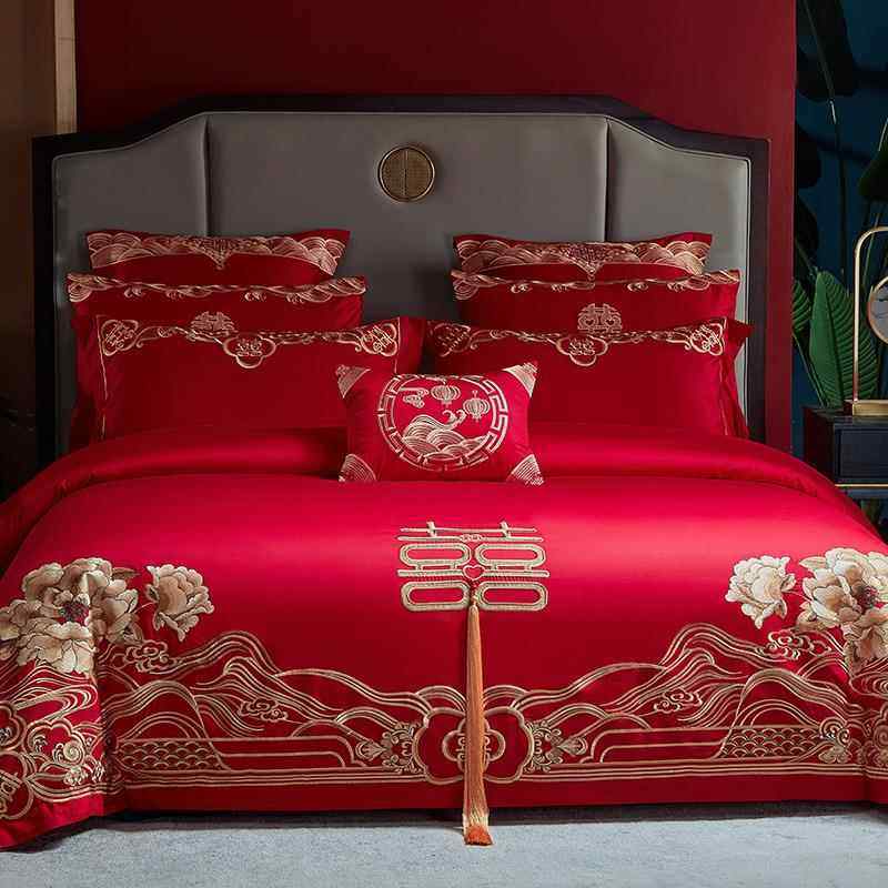 结婚四件套全喜用棉床单被罩红色DW-91005中式长绒件棉陪嫁被套婚