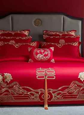 结婚四件套全喜用棉床单被罩红色DW-91005中式长绒件棉陪嫁被套婚