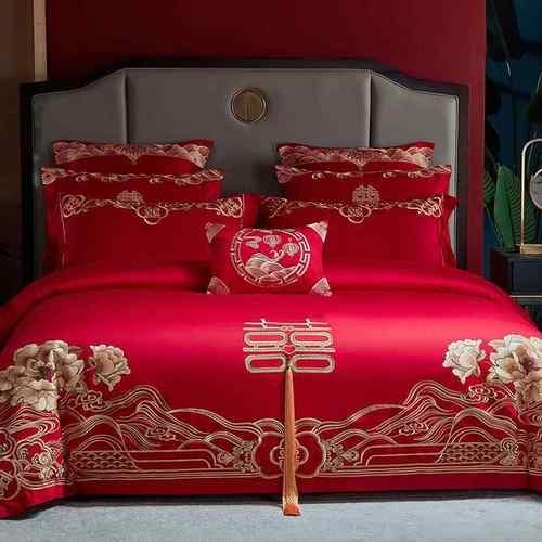 结婚四件套全喜用棉床单被罩红色DW-91005中式长绒件棉陪嫁被套婚