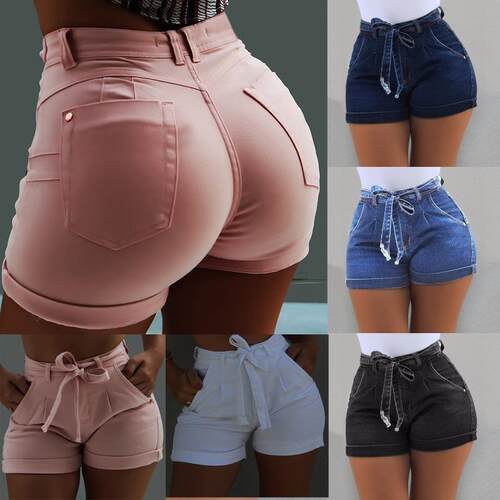 Womens casual elastic denim shorts highwaisted with folded