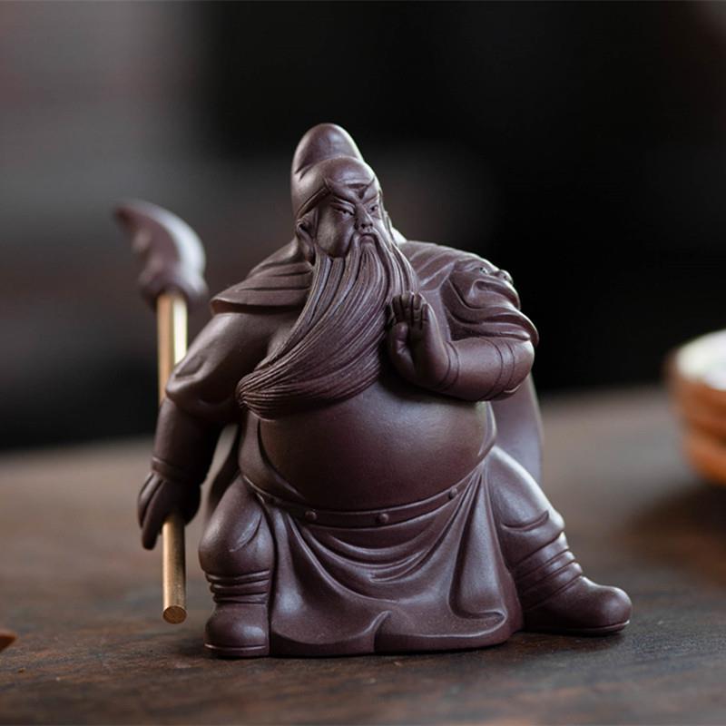 宜兴紫砂茶宠关公关羽摆件精品手工紫泥家居茶具茶盘茶道配件