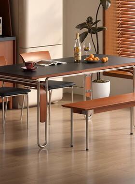 法式复古实木岩板餐桌小户型家用现代简约不锈钢轻奢黑色岩板餐桌