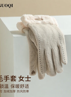 秋冬羊毛加绒加厚防风保暖手套女