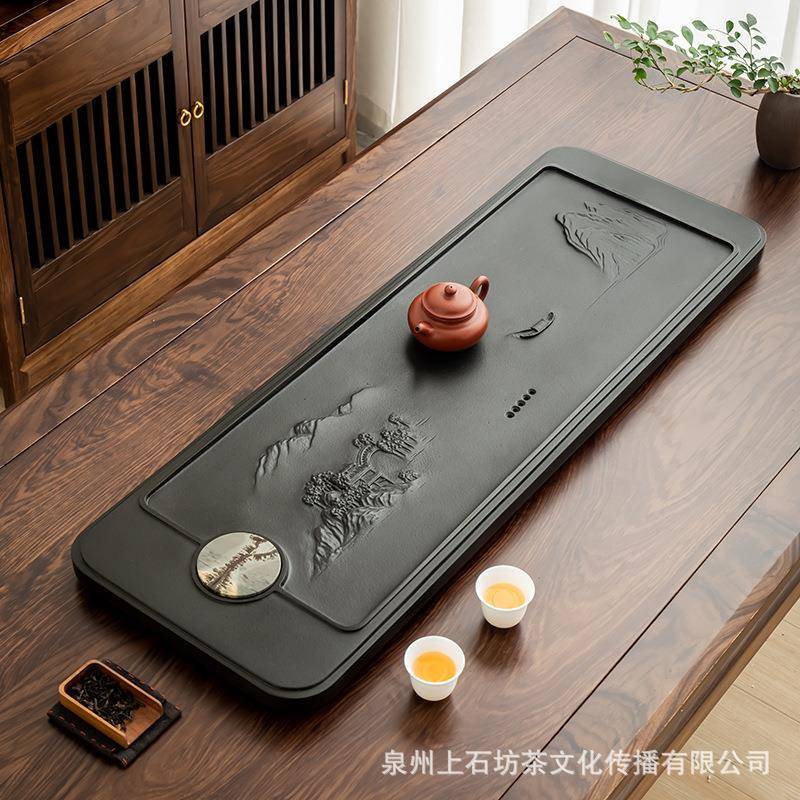 天然乌金石镶国画石茶盘整块高端轻奢现代原石厂家浮雕排水石茶台
