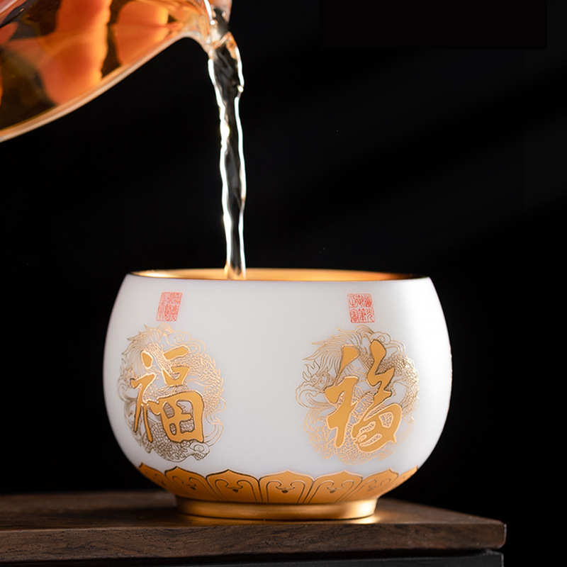 徐建勇大师弘一法师心经杯主人杯白瓷羊脂玉茶杯鎏金个人杯五福杯