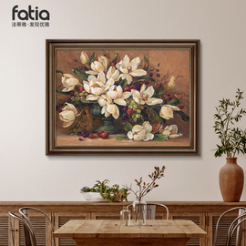 美式餐厅装饰画欧式复古餐桌，背景墙挂画法式花卉，手绘油画2024