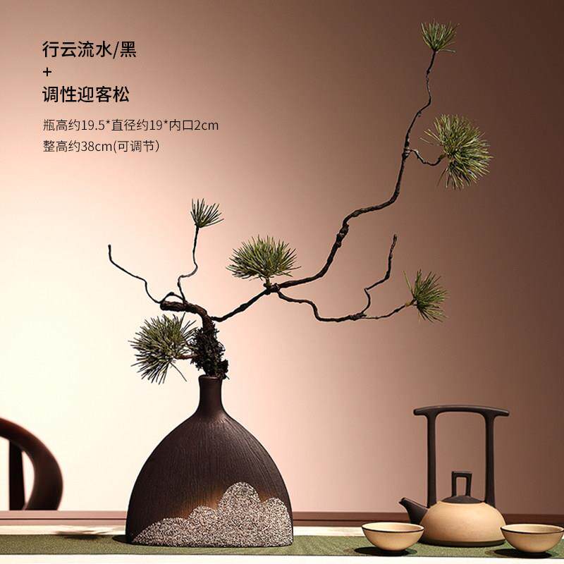 新款迎客松花针仿真绿枝色植物枯藤树盆景柏陶瓷瓶套装崖禅意茶室