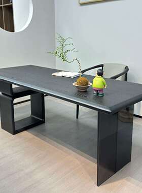 现代简约实木餐桌家用黑色亚克力长方形工作台办公桌意式极简书桌