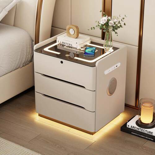 简约现代实木智能床头柜卧室多功能带灯指纹锁无线充家用蓝牙音响