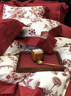 新0PZ791婚床上四件套红色庆10支全棉长绒棉四件婚套婚结数码印花