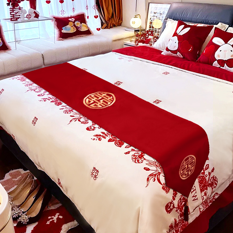 床尾结婚新婚巾床旗搭桌床上用品桌布婚茶喜字房台装饰旗茶几红色