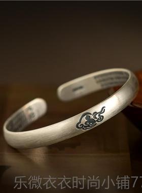 新款999纯银莲花心年经足手镯银古轻款民族复风实心开口刻字送妈