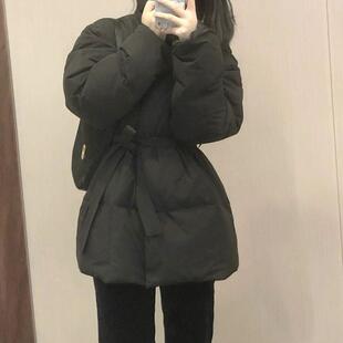 黑色系带收腰面包服女冬季宽松保暖棉衣小个子韩版气质短款外套