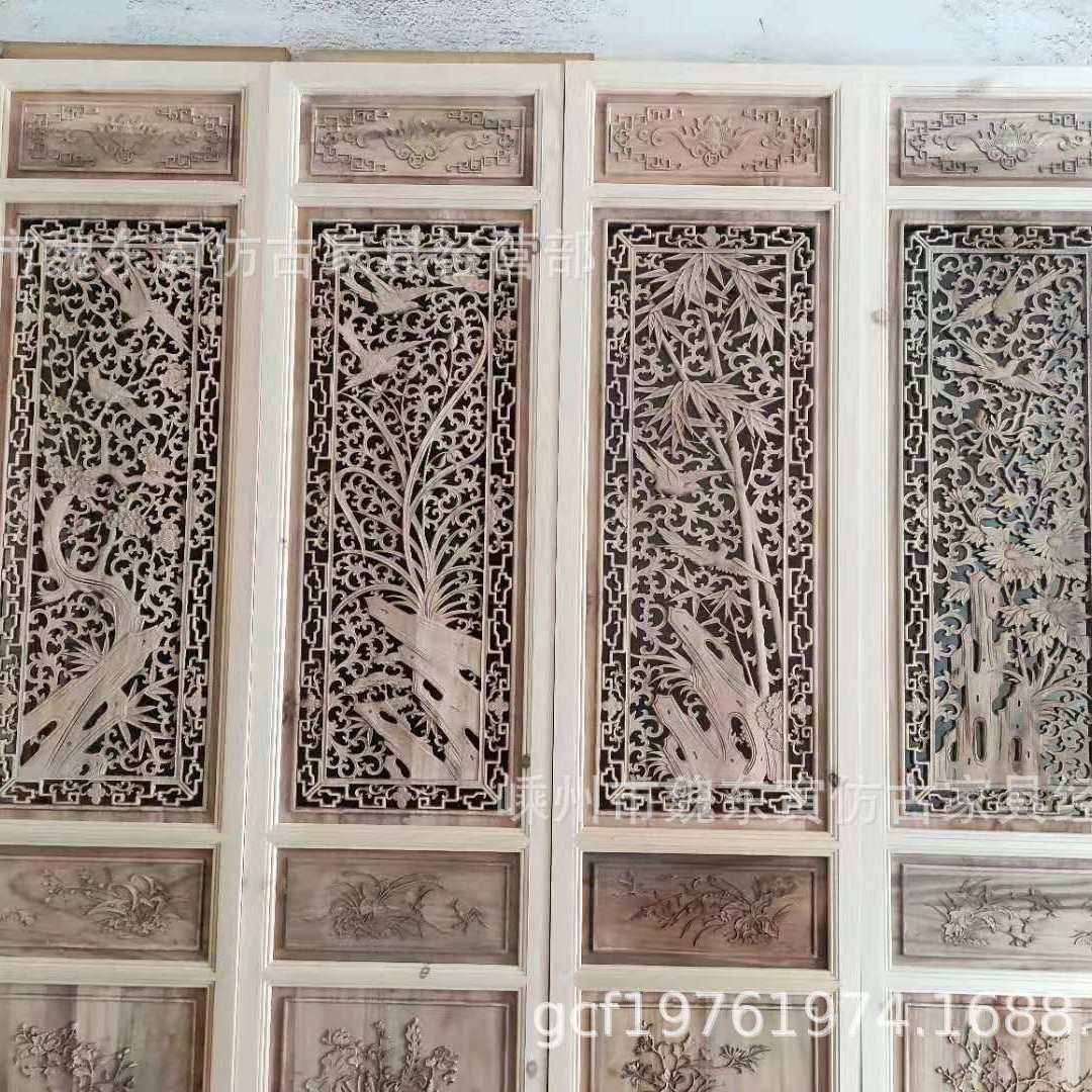 仿古木雕古典中式屏风/双面雕花鸟木雕工艺实木酒店客厅隔断玄关