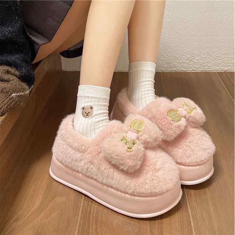 厚底包跟棉拖鞋女高跟室内居家用可爱毛毛绒拖鞋冬季保暖棉鞋外穿