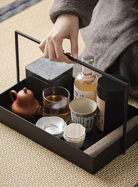 中式铁艺盘篮黑新OMX色铁茶具提收纳盒茶棚茶托样板间装饰摆件