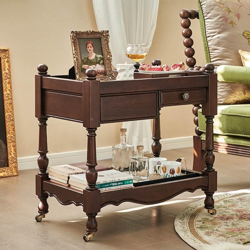 法式复古实木可移动茶几茶桌小推车沙发边几茶水柜茶台家用小茶车