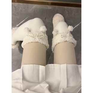 可愛lolita大腿襪絨邊毛球過膝襪高筒襪jk 奶白長筒襪子女日系冬季