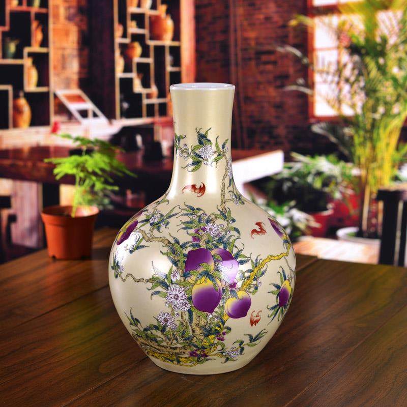 正品景德镇陶瓷器色花釉福寿图粉彩艺花瓶现代客金厅瓶摆件工品