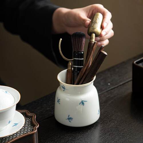 纯手绘茶道六君子手工青花茶道筒家用陶瓷功夫茶具茶道配件