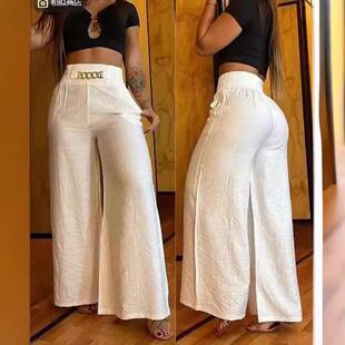 Plain Shirred Waist Leg Pants Casual Comfy Rise Palazzo