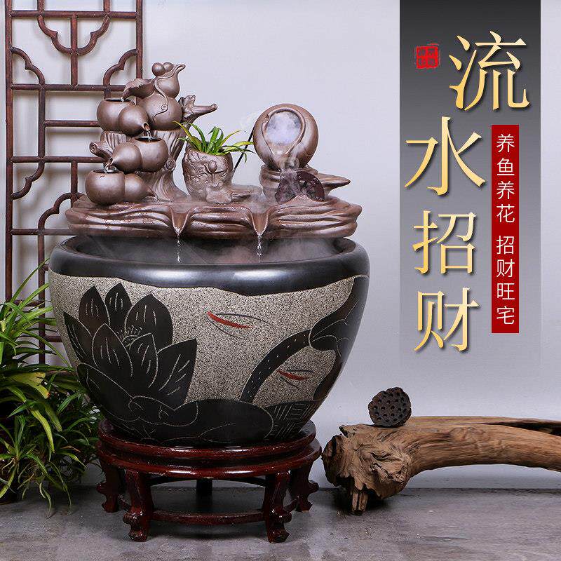 景德镇陶瓷金鱼缸阳台办公室客厅落地式家庭循环水摆设庭院大型鱼